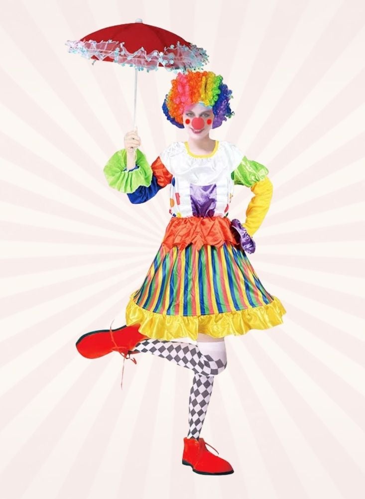 بريميم زي مهرج ملون للبالغين - طقم شعر مستعار بألوان قوس قزح مع مظلة للسيرك والحفلات والهالوين - Image 1